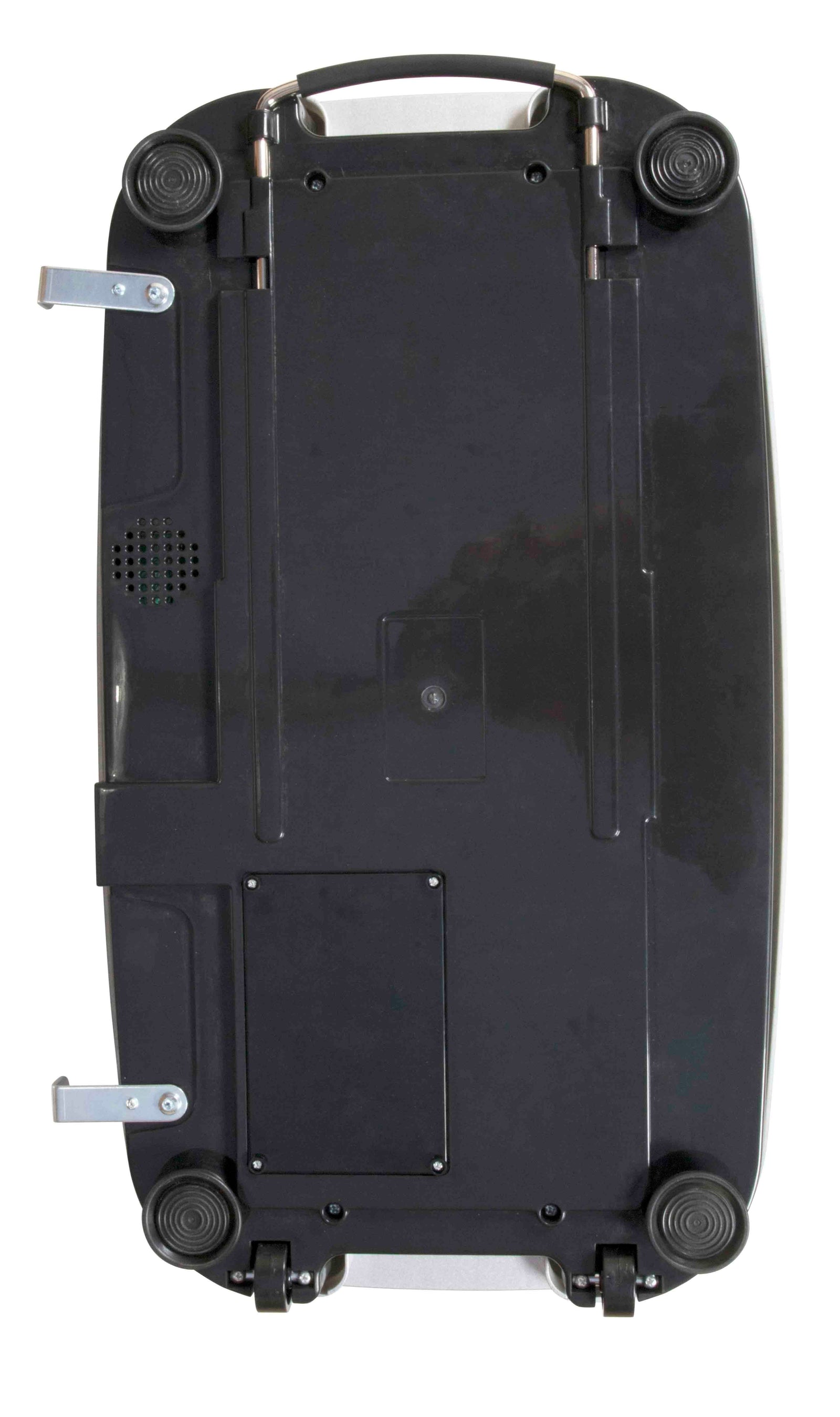 The Whole Body Vibration Plate Training Gym is shown in a black, hard-shell suitcase with wheels and handle for easy transport. The underside includes two metal latches and a vented section, perfect for your fitness journey.