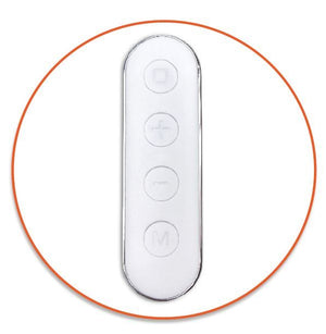 A white remote control for the Circulation Plus Boost & Revive Mat has four round buttons in a vertical row, labeled with a square, plus, minus, and M, all inside an orange circle on a white background.