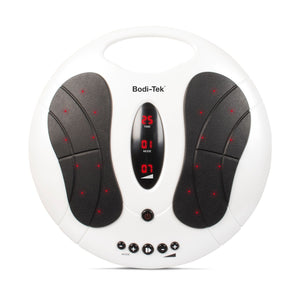 The Circulation Plus Active Lower Leg & Foot Exerciser (2025) is a round white electronic massager with black foot pads, red LED lights, a digital display, bottom control buttons, and boosts circulation while stimulating muscles.