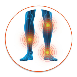 Illustration of blue legs with red and yellow circles marking pain at the knee, shin, and ankle, suggesting discomfort that may be eased with the Circulation Plus Boost & Revive Mat muscle stimulator.