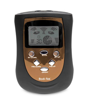 An Ab & Arm Unisex Toning Belt featuring a digital display, labeled buttons (INT-DOWN, MODE, INT-UP, FRE-DOWN, FRE-UP, ON/OFF), and a brown and black casing.