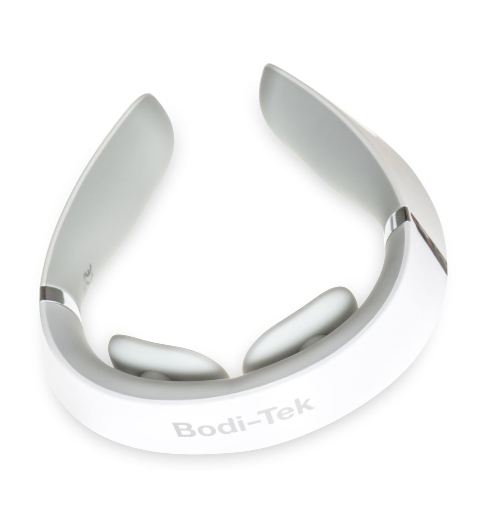 The Neck & Shoulder Massager, featuring a white design with gray inner pads and a contoured shape to fit around the neck, offers soothing heat and is shown against a plain white background.