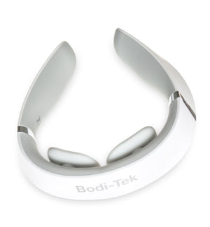 The Neck & Shoulder Massager, featuring a white design with gray inner pads and a contoured shape to fit around the neck, offers soothing heat and is shown against a plain white background.