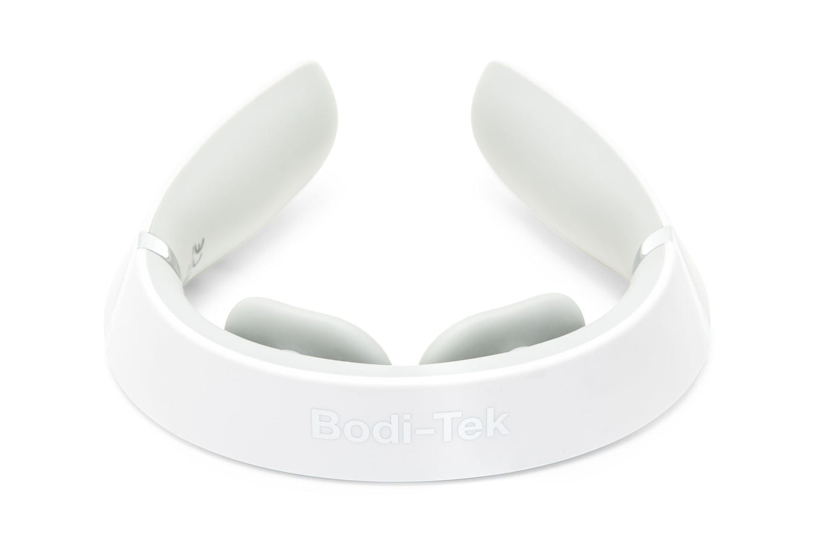 The Neck & Shoulder Massager features two ergonomic pads and a curved white design, providing soothing heat for ultimate relaxation when placed on a plain white background.