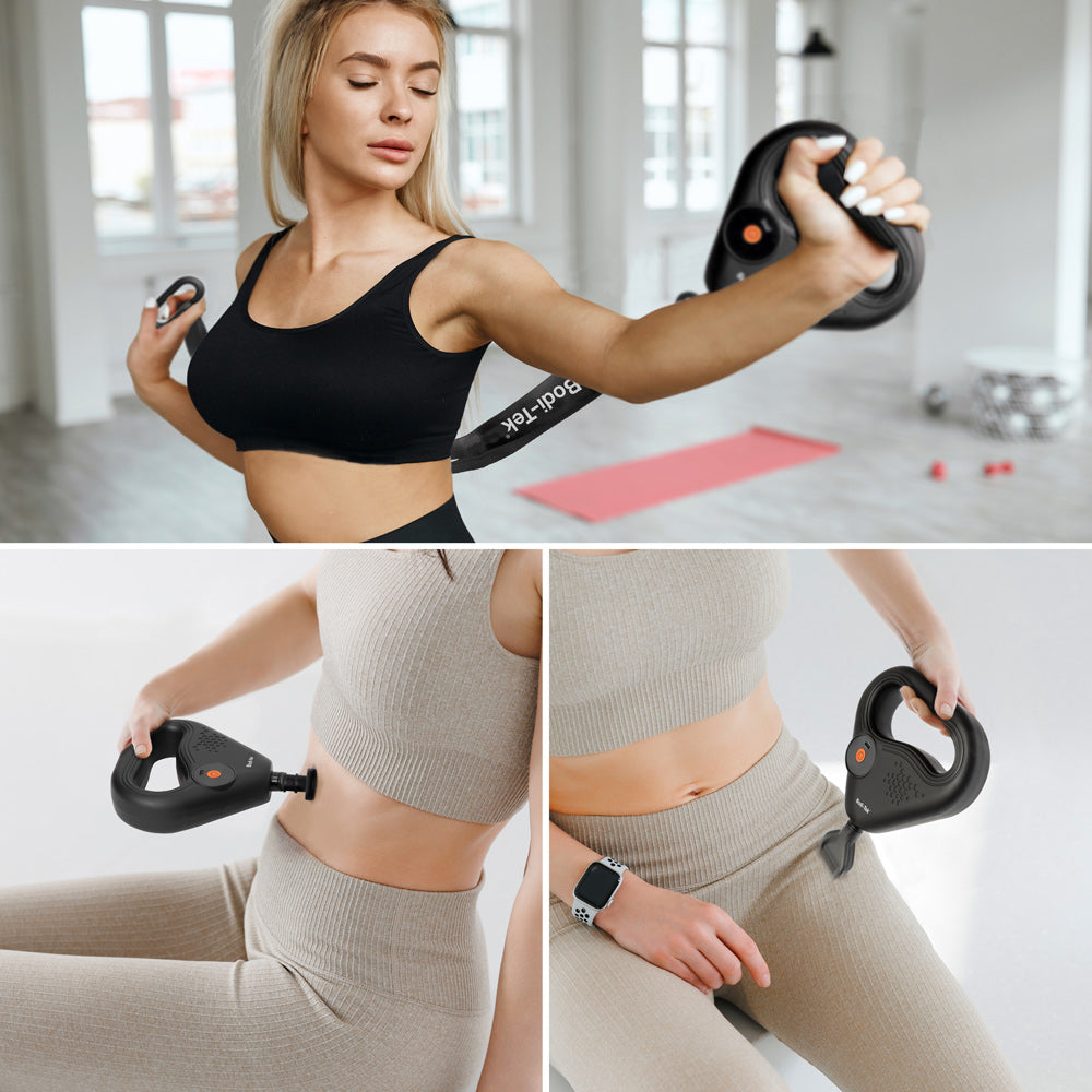 Selection of 3 images showing a young female using the massager