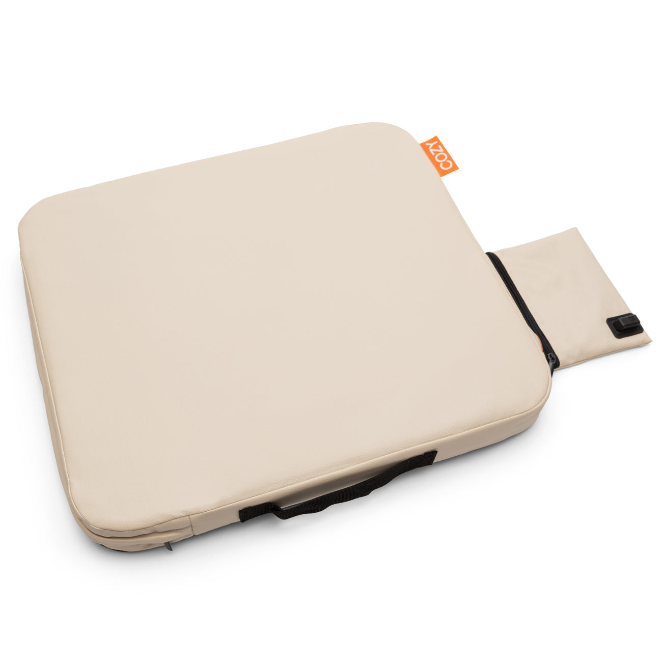 The COZY Cordless Heated Seat Pad - JORD is a beige, portable cushion with rounded corners, a black handle, and an attached beige pouch with an orange tag and black buckle—ideal for warmth on any outing.