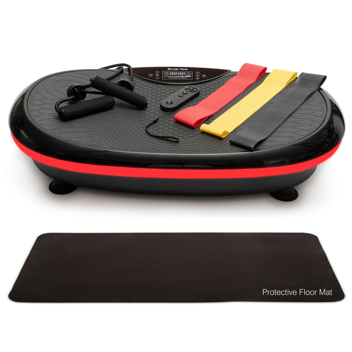The 4D Vibration Plate Exercise Machine includes a control panel, remote, black floor mat, and resistance bands in black, red, yellow, and green—perfect for full body workouts to burn fat efficiently.