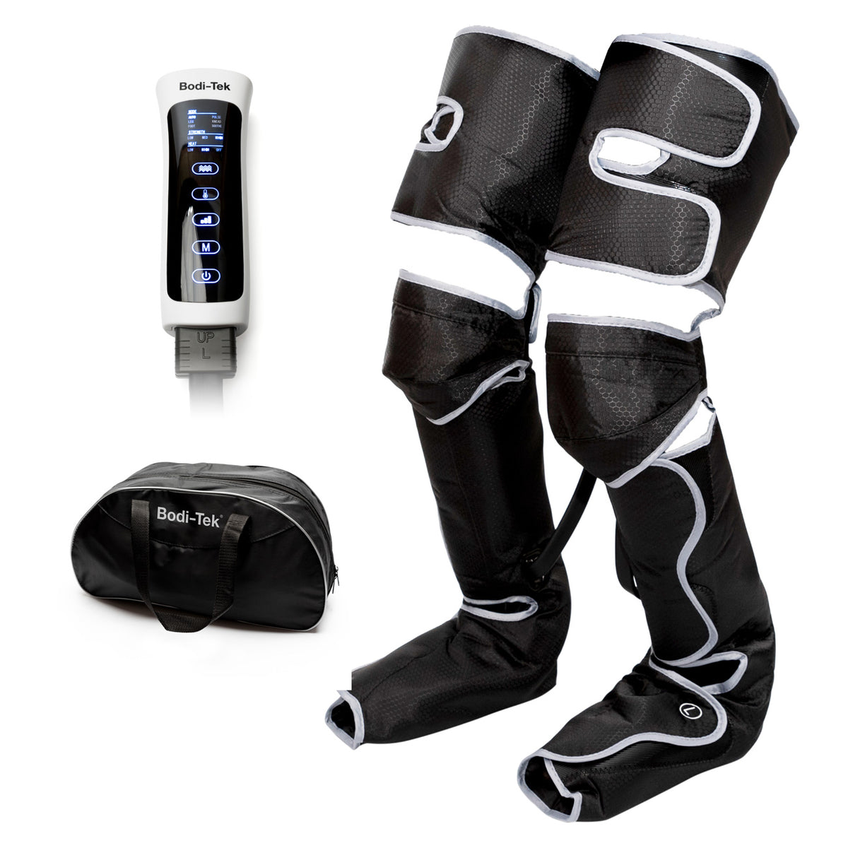 The Comfort360° Air Compression Full Leg Massager Boot features black sleeves with white accents, tube connections, a digital control unit, and comes with a matching black Bodi-Tek carrying bag.
