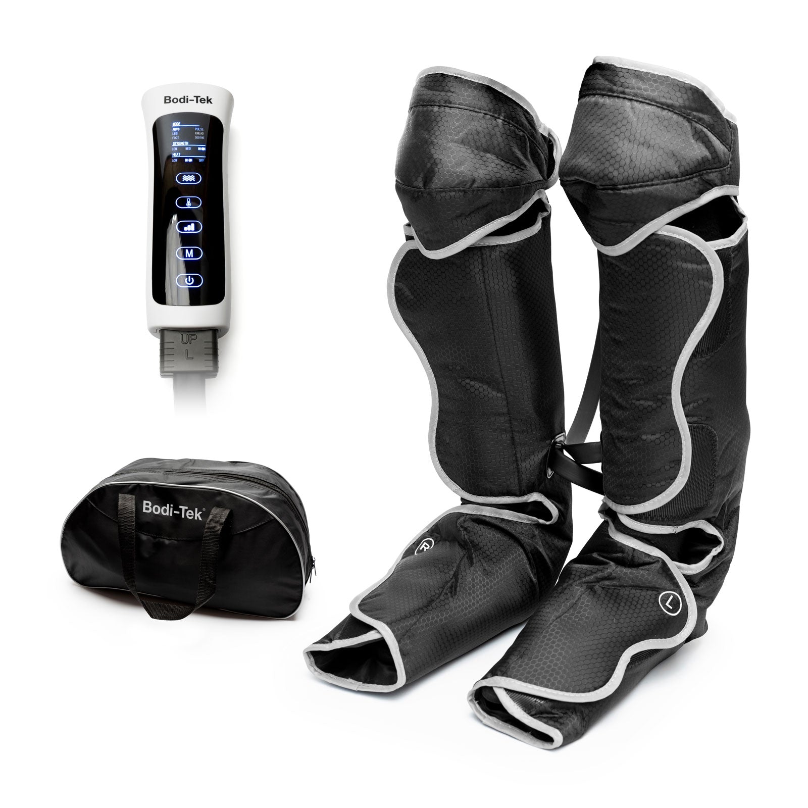 The Comfort360° Air Compression Half Leg Massager Boot in black is shown with its remote control displaying massage programs and a black carrying bag, all branded “Bodi-Tek,” arranged together on a white background.