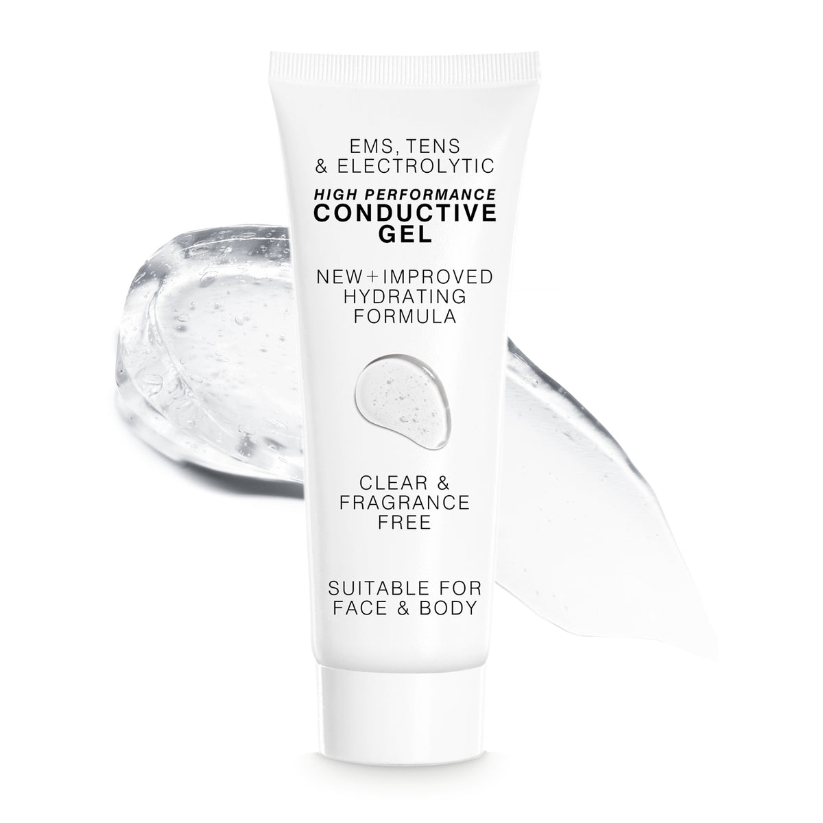 A white tube of EMS, TENS & Micro-Current Toning Conductive Gel 85ml features hydrating, clear, fragrance-free formula for face and body. Ideal as an EMS or micro-current device gel. A smear of clear gel appears behind the tube.