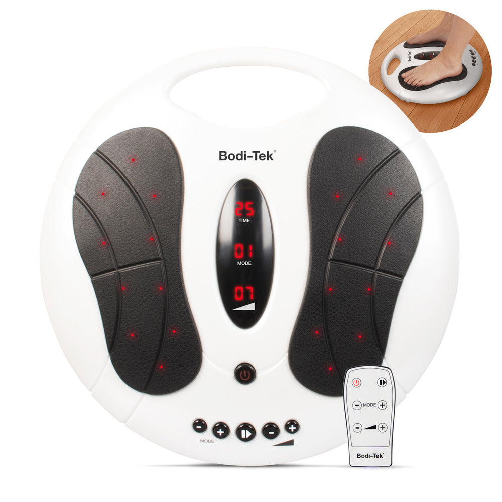 A Circulation Plus Active Lower Leg &amp; Foot Exerciser (2025) in white with black footpads, digital display, control buttons, and remote. An inset shows a foot on the device to stimulate muscles and boost circulation.