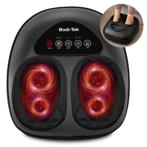 The black Foot-Therapy 3 in 1 Massager features glowing red, swirling lights and a visible control panel. An inset shows someone placing their feet inside the shiatsu device to boost circulation.