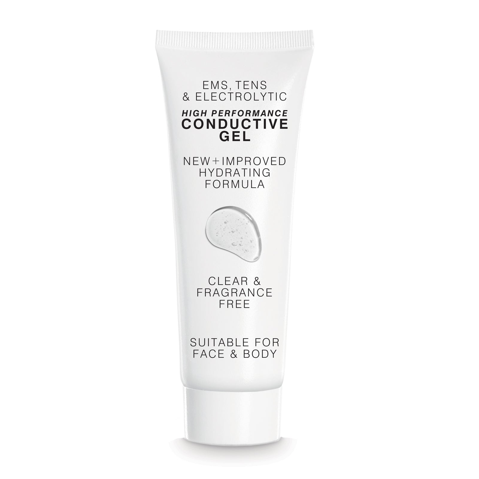 A white tube labeled "EMS, TENS & Micro-Current Toning Conductive Gel 85ml." Clear, fragrance free, hydrating formula for face & body. Ideal for EMS, TENS or micro-current use. Tube shows gel droplet illustration.