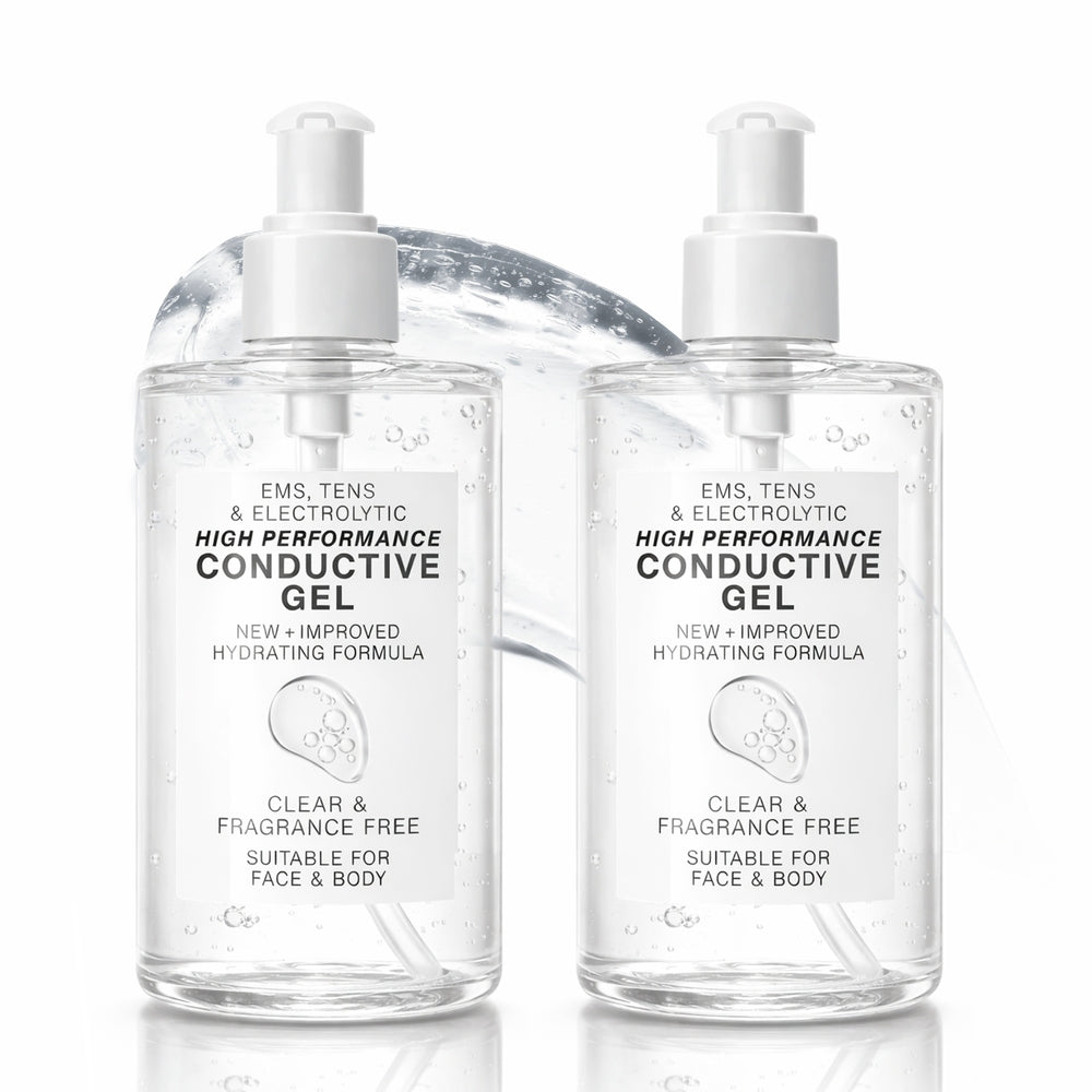 Two clear pump bottles labeled "EMS, TENS, Electrolytic and Micro-Current Toning Conductive Gel - 2 x 250ml" stand side by side with clear gel inside. The hydrating, fragrance-free gel is suitable for face and body use with microcurrent devices.