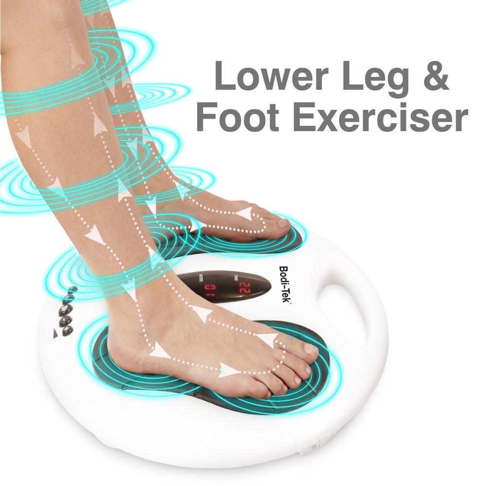 A person stands barefoot on a white Circulation Plus Active Lower Leg & Foot Exerciser (2025) with a digital display, surrounded by blue swirling graphic lines indicating muscle stimulation. Text reads: Lower Leg & Foot Exerciser.