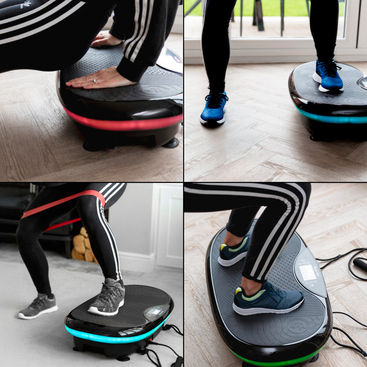 Four images show a person using the 4D Vibration Plate Exercise Machine for a full body workout in various positions, wearing athletic wear and sneakers on a light-colored wooden floor indoors.