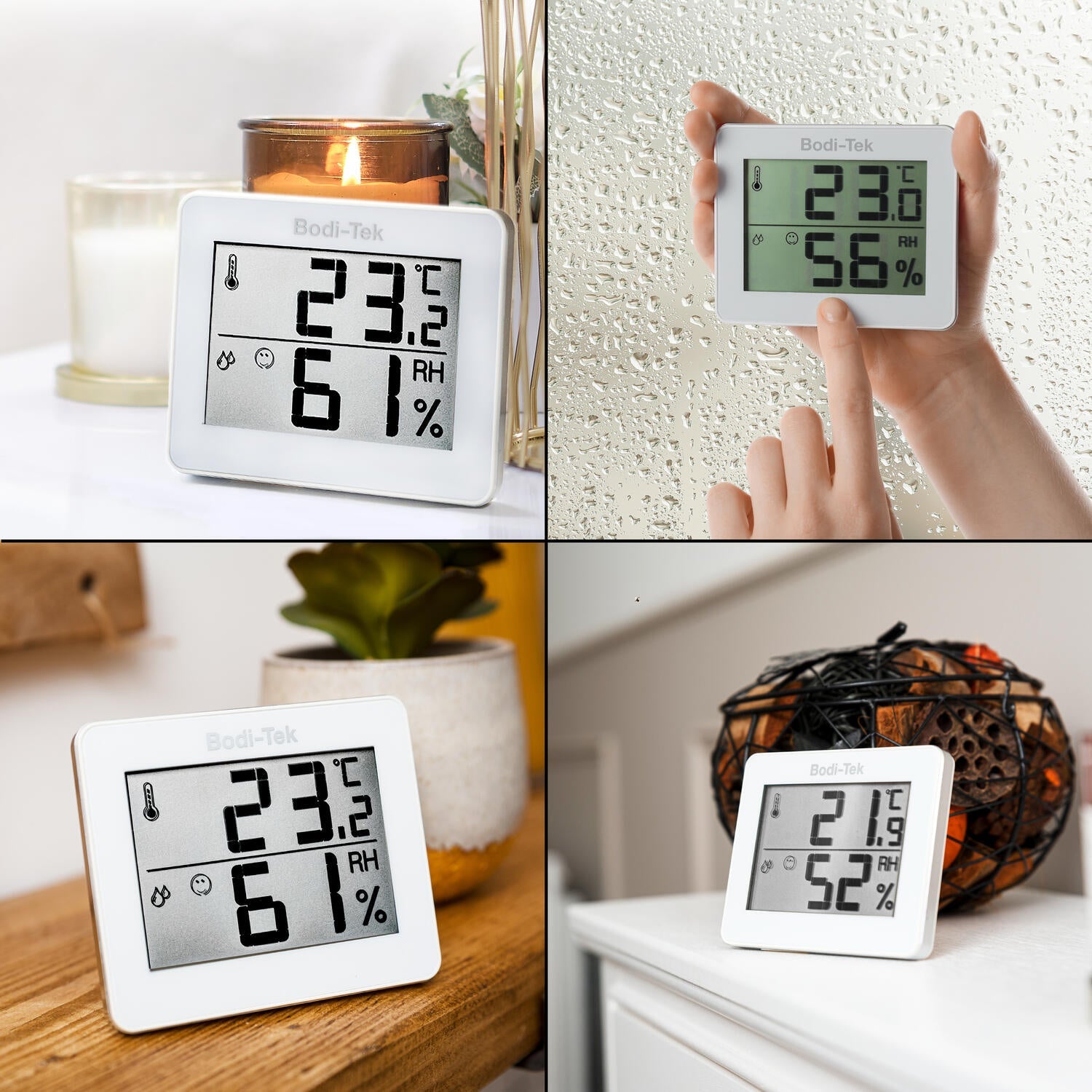 The Digital Room Thermometer and Hygrometer is shown in four settings, displaying temperature and humidity readings while being held, on surfaces, and near household decor.