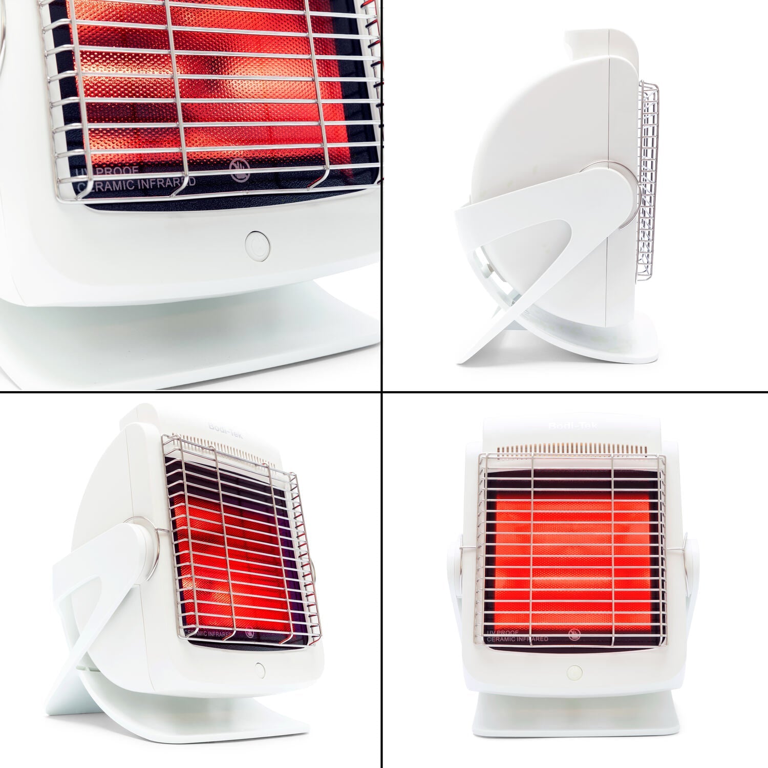 The Infrared Heat Lamp is displayed from four angles—front, side, close-up, and angled view. Featuring a glowing red interior, white body, and protective front grille, its ideal for promoting blood circulation.