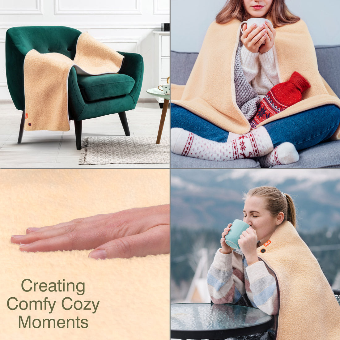 A collage shows the COZY Heated Throw & Seat Cover Pad - JORV on a green chair, someone wrapped up with a hot water bottle, feeling its soft fabric, and enjoying a hot drink outdoors. Text reads: Creating Comfy Cozy Moments.