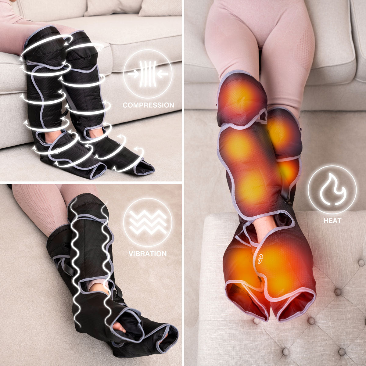A person sits on a couch wearing Comfort360° Air Compression Half Leg Massager Boots, which deliver compression, vibration, and heat therapy to the lower legs, highlighted by glowing effects and labeled icons.