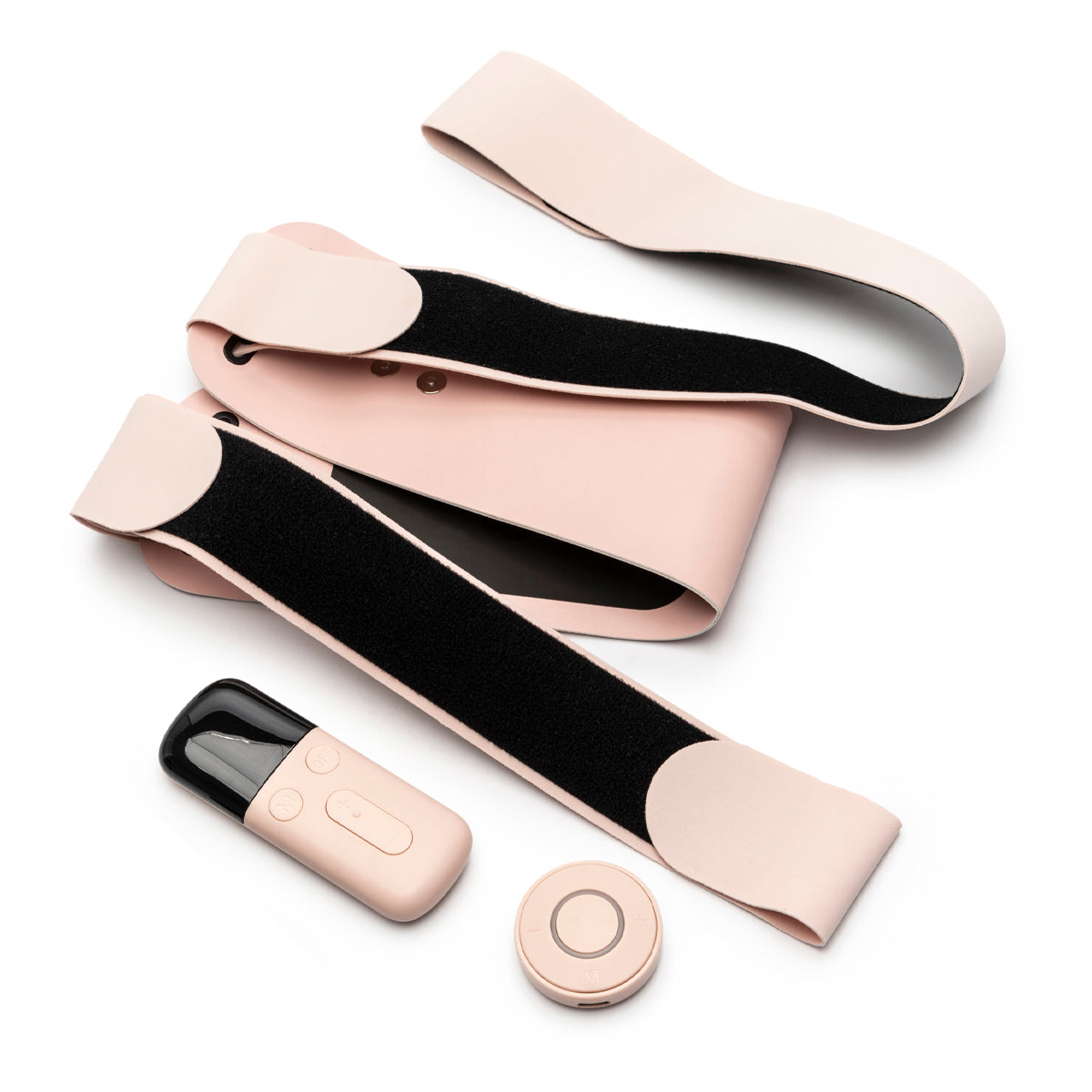 Ab, Tone & Shape: A set of pale pink and black wearable tech devices for ab toning, featuring a fabric EMS abdominal belt with Velcro, a small rectangular remote, and a round disc-shaped accessory—displayed on a white background.