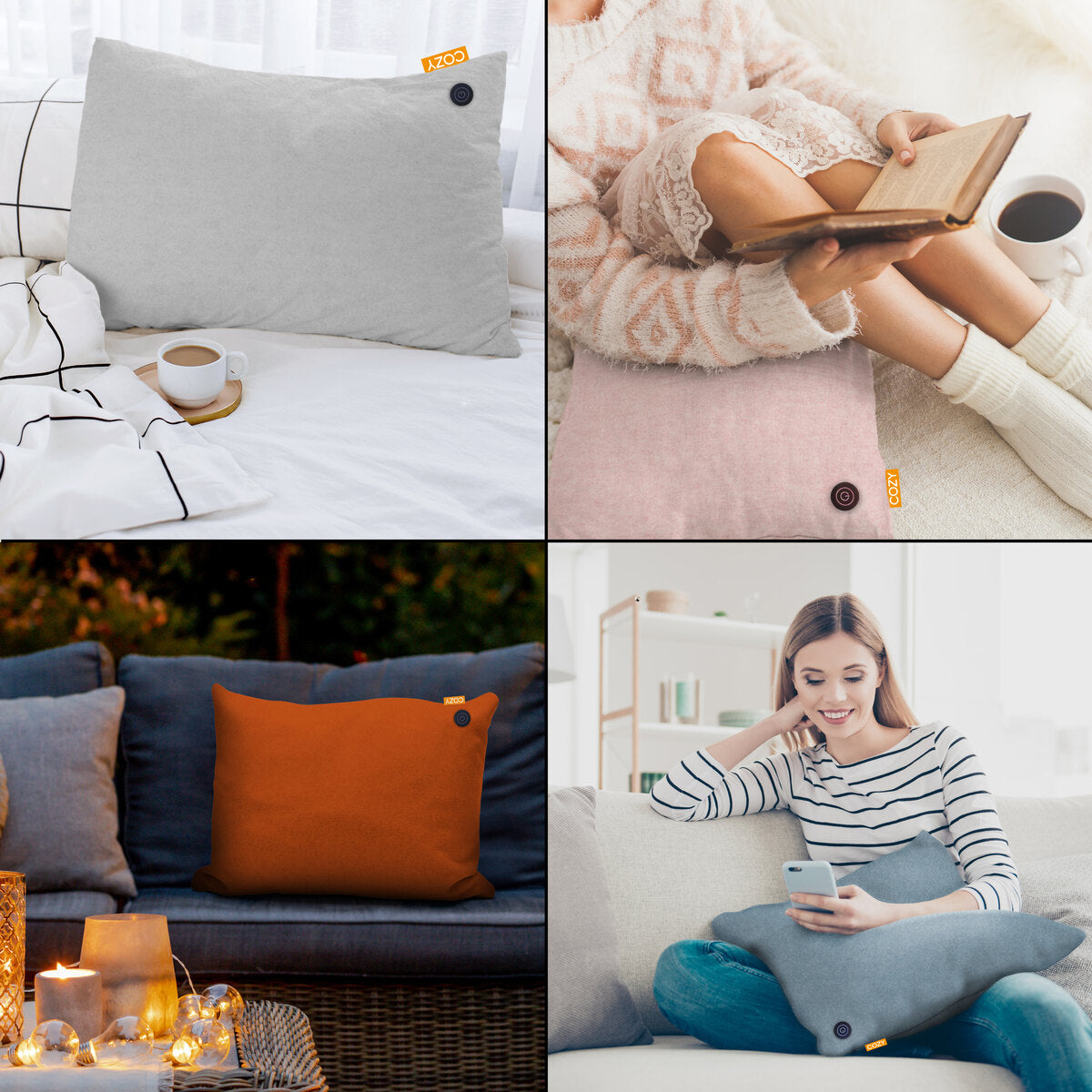 4 small images of heated cushions being used in different ways, inside and outside