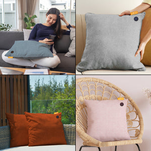 4 small images of heated cushions being used in different ways, inside and outside