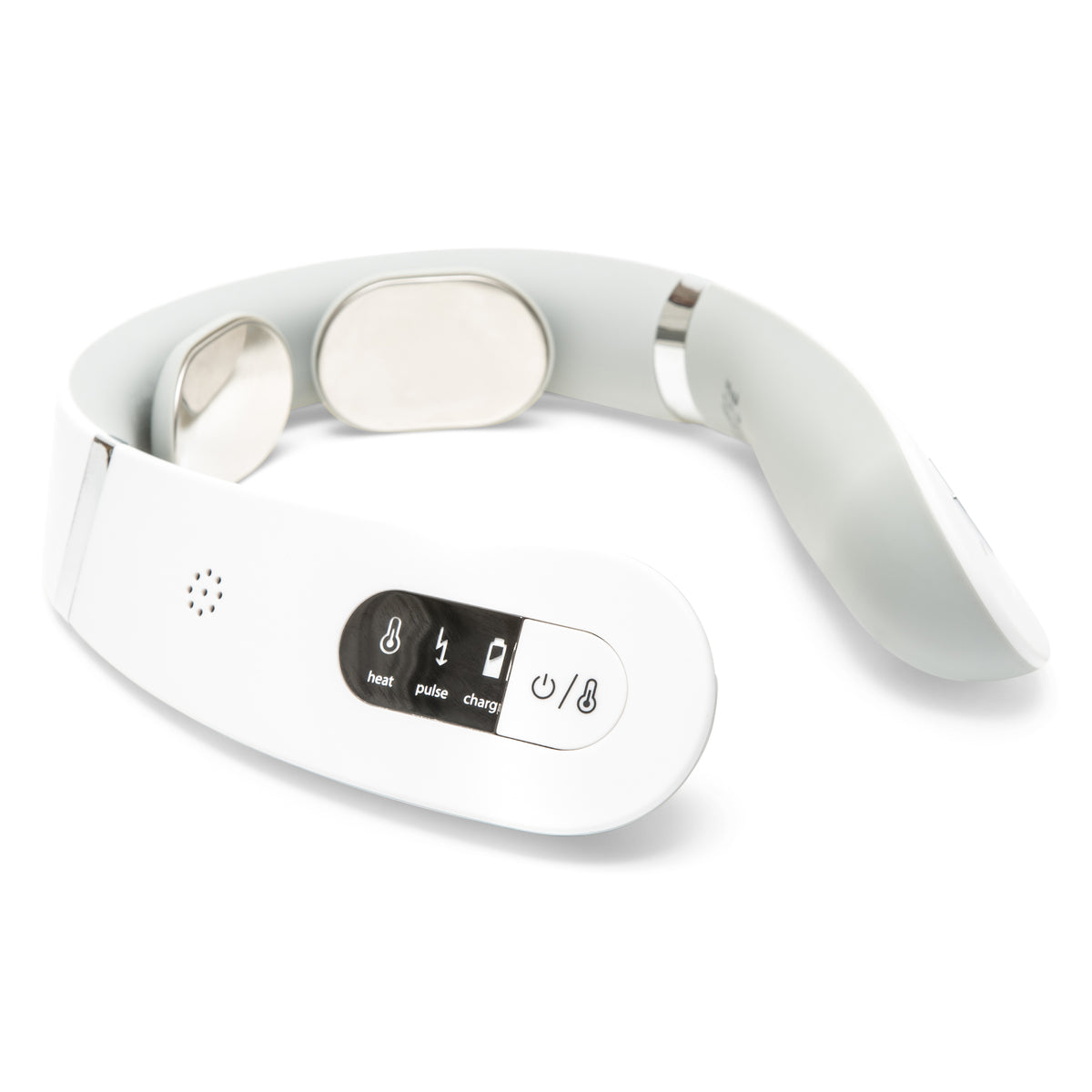 The Neck & Shoulder Massager is a white electronic device with metal contact pads and a display panel featuring heat, pulse, charge, and power buttons. Experience soothing heat and electrical muscle stimulation for relaxing comfort.
