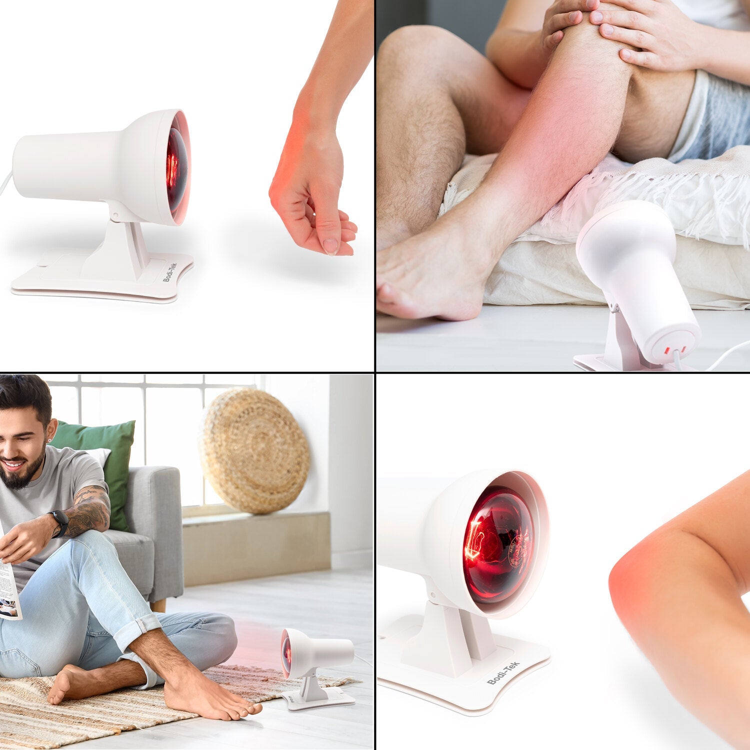 A collage showcases a person using the Infrared Heat Lamp with a shatterproof bulb on their arm and leg for muscle and joint relief, featuring close-ups of the lamp and red skin areas.