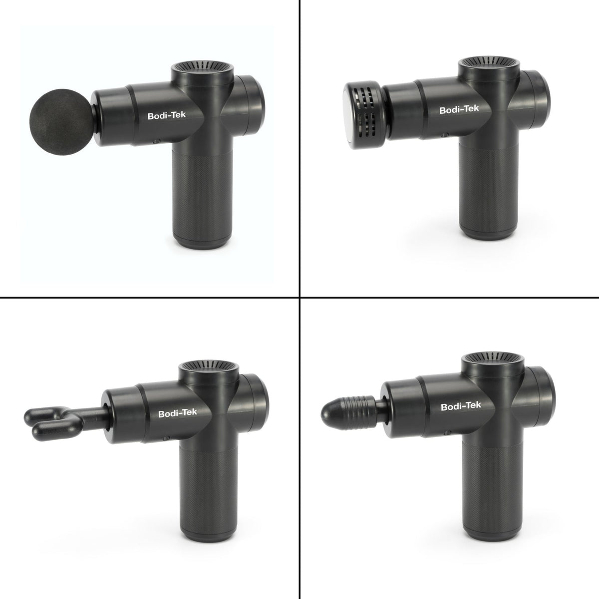 The Hot & Cold Deep Tissue Massager Gun in black is shown with four interchangeable heads—round ball, flat, forked, and pointed—in separate quadrants. Perfect for muscle recovery, this massage gun delivers targeted relief.