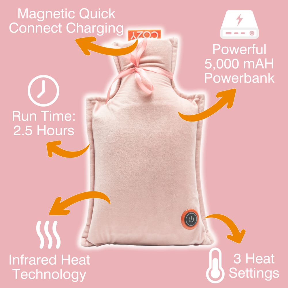 The Cozy UNA Rechargeable Hot Water Bottle in pink offers wireless warmth with magnetic quick connect charging, a 5000 mAh powerbank, 2.5-hour run time, infrared heat technology, three heat settings, and an easy power button.