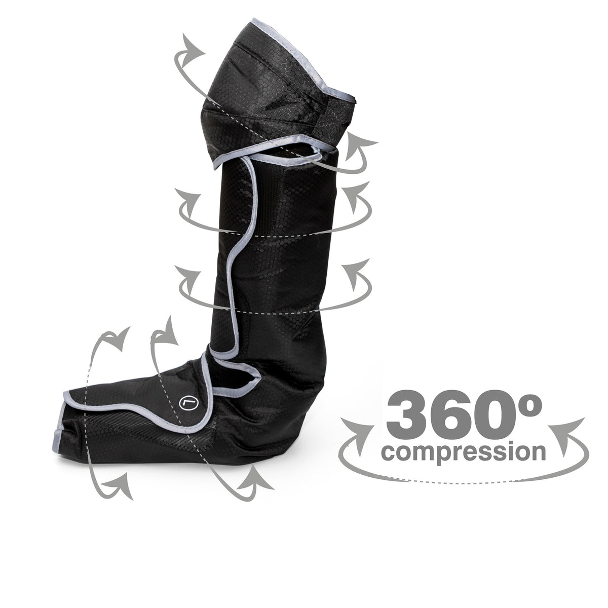 The Comfort360° Air Compression Half Leg Massager Boot is shown in black fabric with gray trim on a foot model, featuring arrows and a 360° compression label to illustrate therapeutic compression for the foot, ankle, and calf.