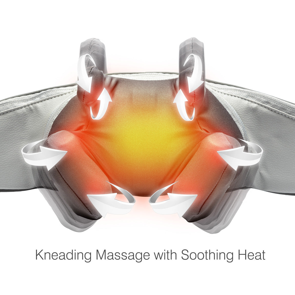 Illustration of the Ona Neck & Shoulder Massager delivering a kneading massage with soothing infrared heat, shown by an orange-yellow glow and white arrows for rotation. Text: Kneading Massage with Soothing Heat.