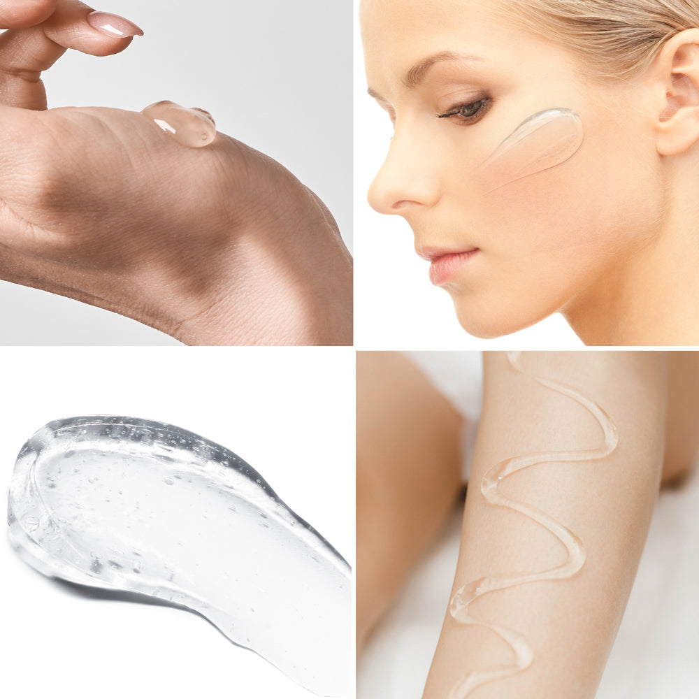 A collage of four images features the EMS, TENS & Micro-Current Toning Conductive Gel 85ml: gel on a hand, a woman applying it to her cheek, a close-up of the gel, and a wavy line of gel on a forearm.