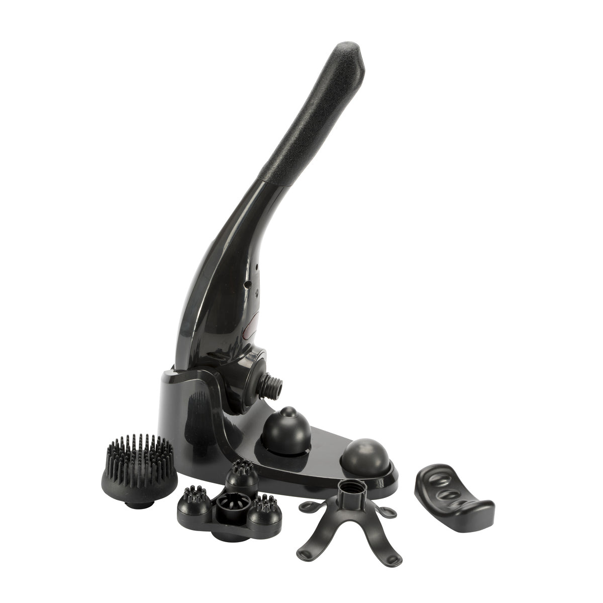 The Deep Tissue Cordless Percussion Massager, in black with a long handle, stands upright on a white background, surrounded by multiple interchangeable attachments for wireless deep tissue massage and muscle stiffness relief.