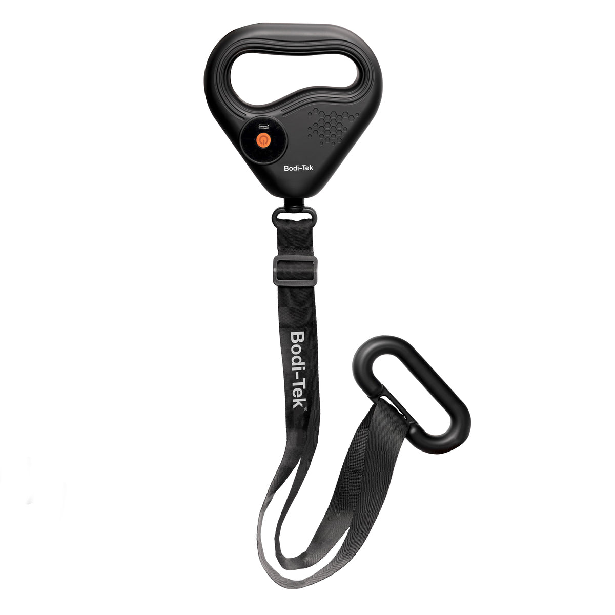 The SPORTS PERCUSSION MASSAGE GUN WITH LATERAL ACTION BELT is a black handheld device with an ergonomic handle, orange button, adjustable Bodi-Tek strap, and secondary handle—perfect for muscle recovery and lateral massage therapy.