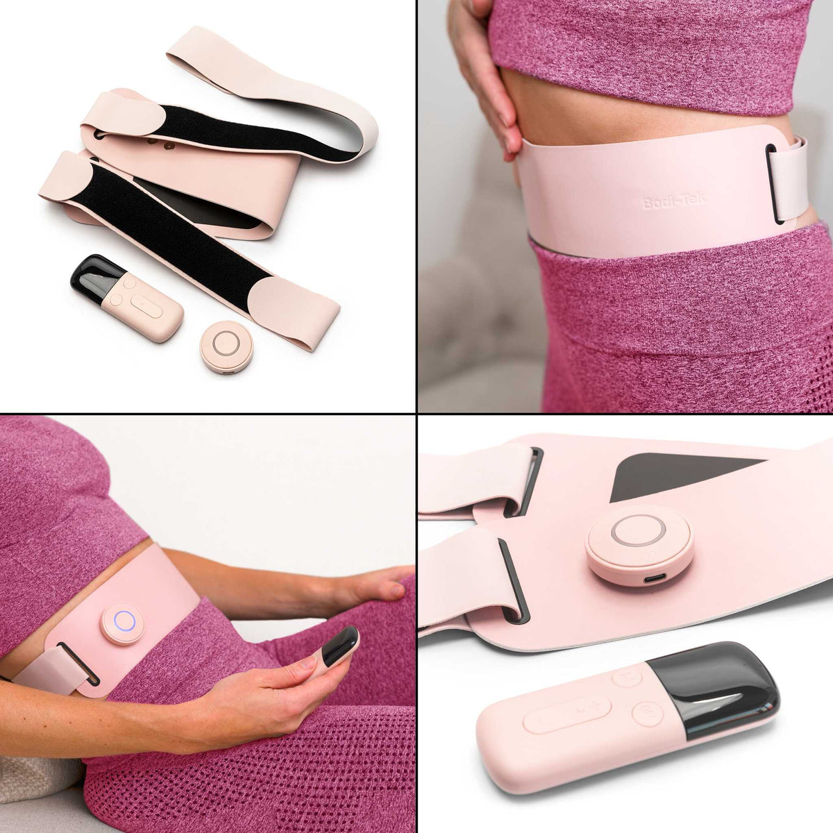 The Ab, Tone & Shape pink EMS abdominal belt with remote control is wrapped around a woman’s waist, secured by Velcro. Close-ups show its sleek design and adjustable fit—ideal for ab toning while she wears pink activewear.