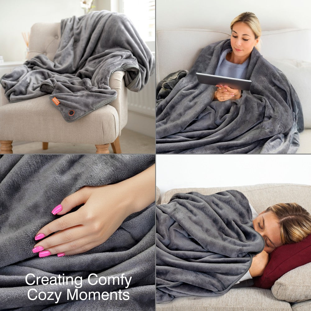 A collage displays the Cozy Wireless Rechargeable Snuggle Blanket Heated Throw draped on a chair, a woman wrapped in it using a tablet, a hand touching its soft gray fabric, and another woman napping under it. Text: Creating Comfy Cozy Moments.