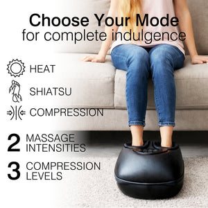 A woman relaxes on a couch using the Foot-Therapy 3 in 1 Massager, enjoying heat, shiatsu massage, compression, two intensity settings, and three compression levels that enhance circulation and offer total indulgence.