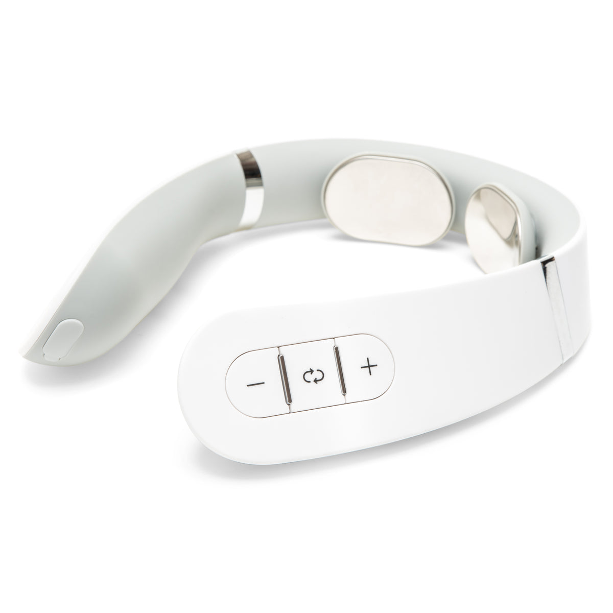 The Neck & Shoulder Massager is a white electronic device with silver contact pads and three side buttons (minus, power, plus). It provides soothing heat to enhance relaxation.