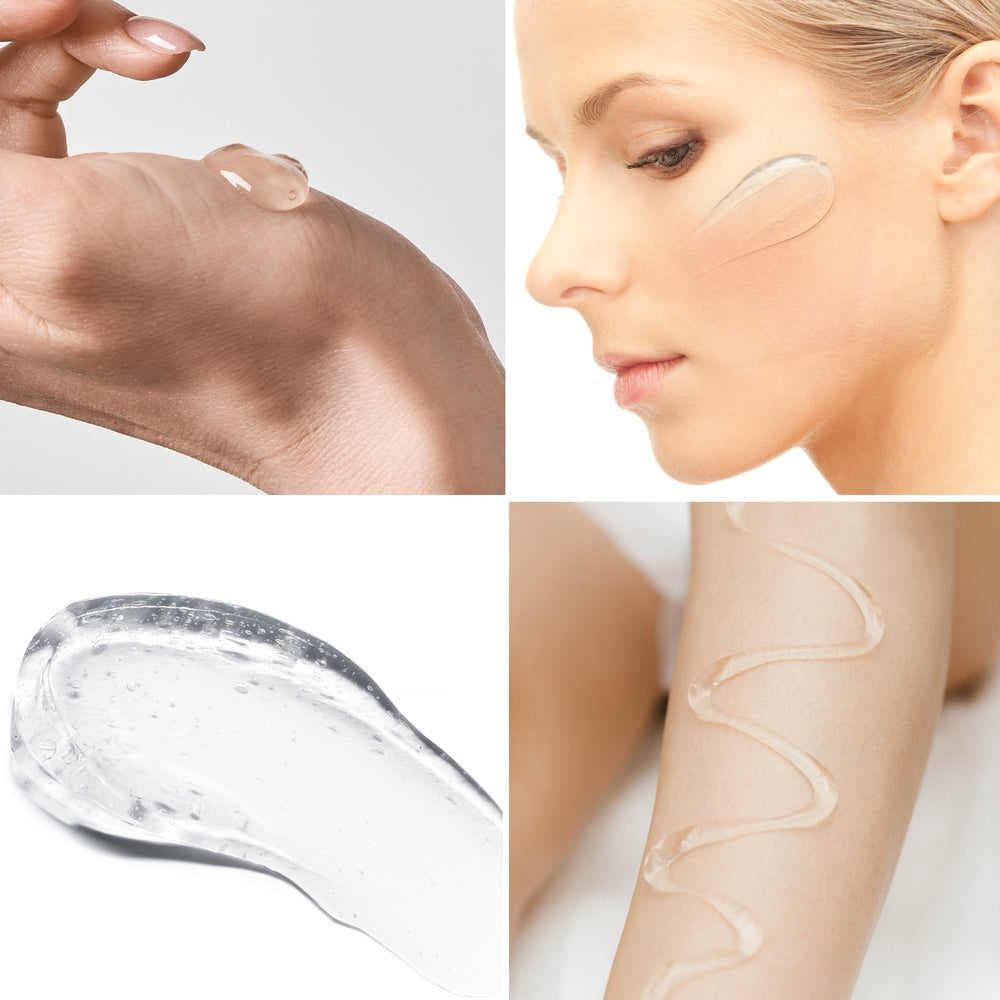 Collage of four images featuring EMS, TENS, Electrolytic and Micro-Current Toning Conductive Gel (2 x 250ml): clear gel on a hand, woman applying to cheek, close-up of gel, and gel swirled on an arm—perfect for microcurrent devices.