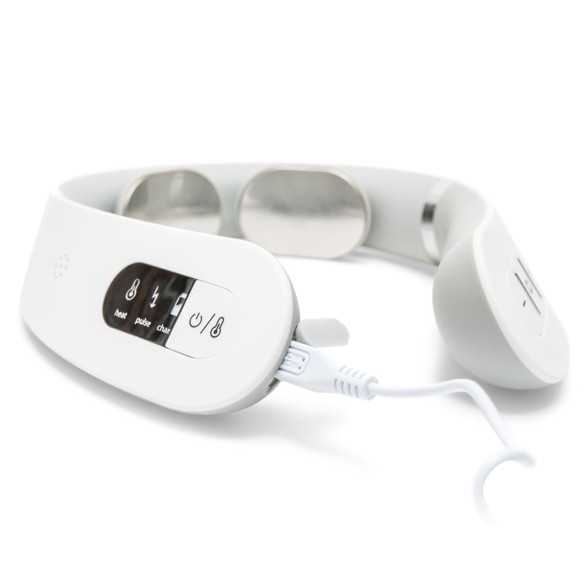 The Neck & Shoulder Massager is a white personal device with metal contact pads, control buttons, and a wired connection, designed for relaxation and electrical muscle stimulation.