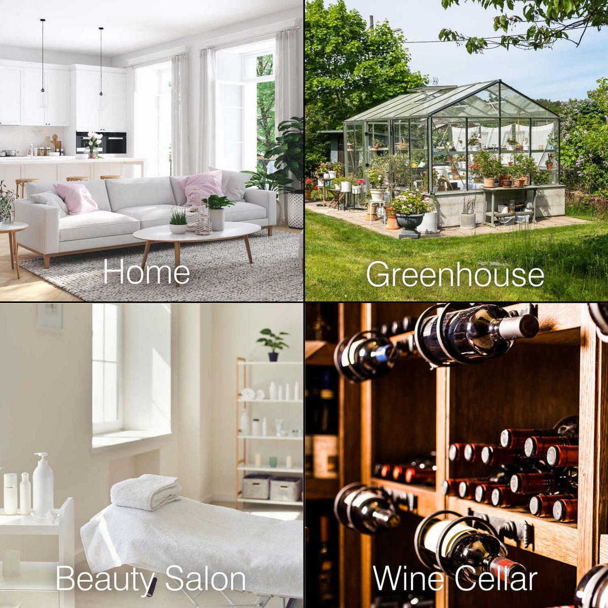 A collage of four images labeled Home, Greenhouse, Beauty Salon, and Wine Cellar shows spaces where the Digital Room Thermometer and Hygrometer can help maintain ideal temperature and humidity conditions indoors.