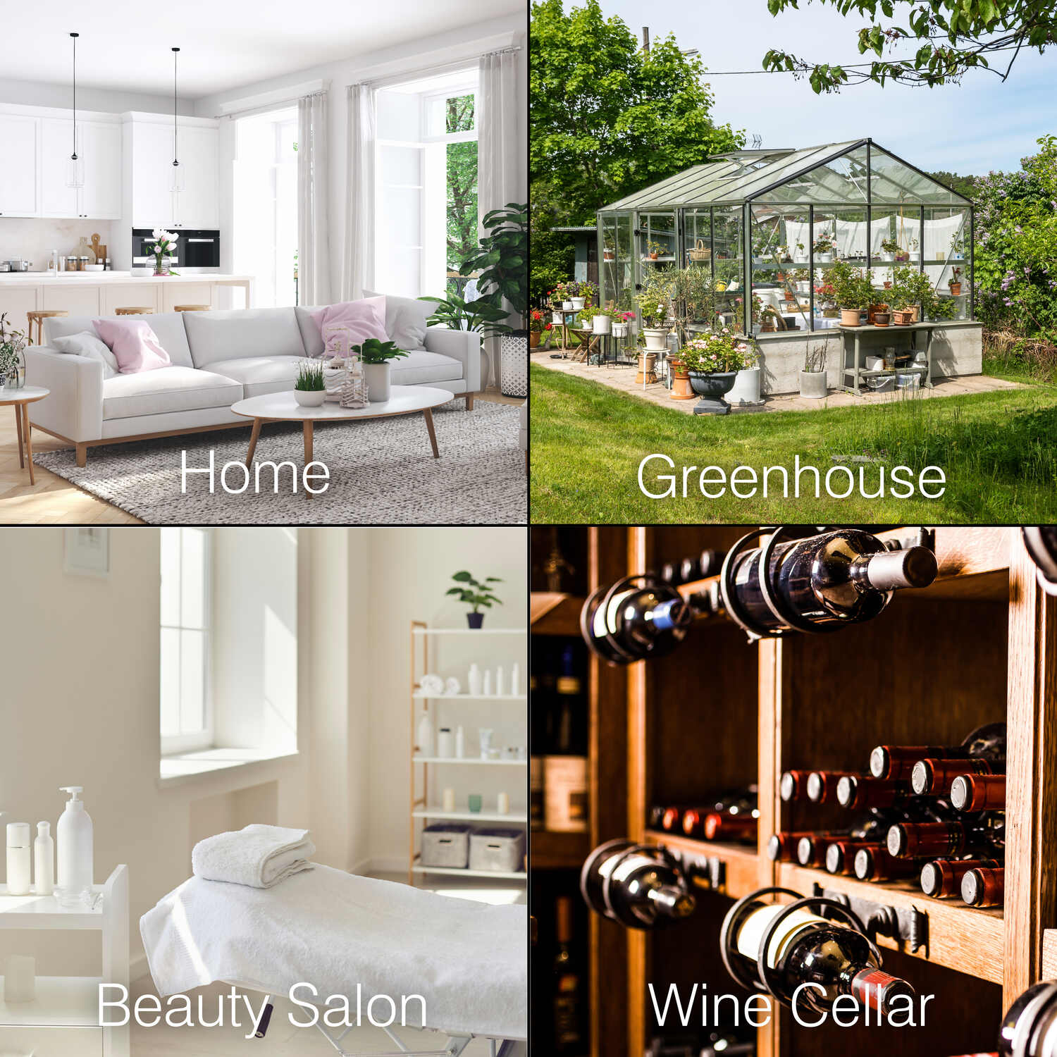 A collage of four images labeled Home, Greenhouse, Beauty Salon, and Wine Cellar shows spaces where the Digital Room Thermometer and Hygrometer can help maintain ideal temperature and humidity conditions indoors.