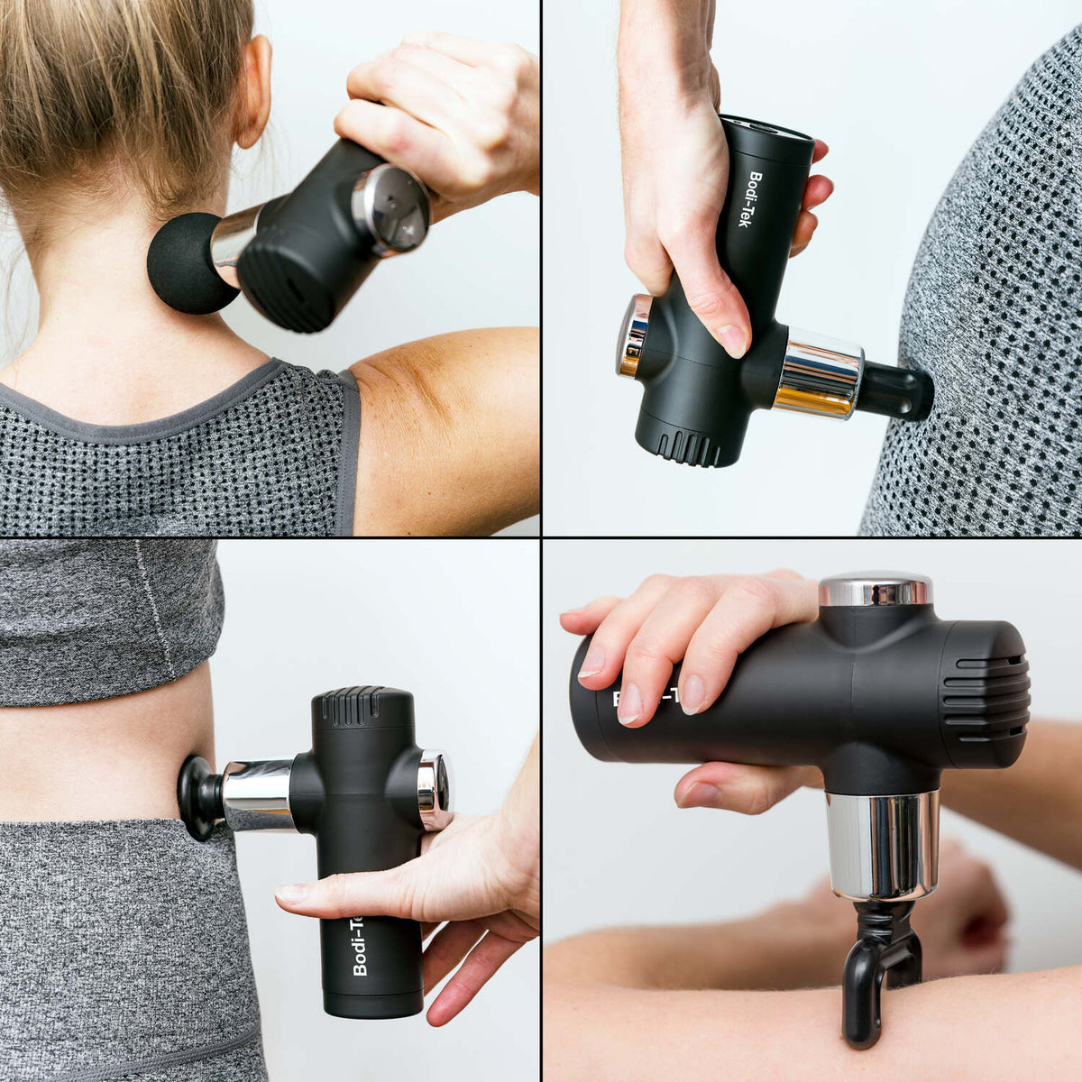A collage of four images shows a woman in athletic wear using the Mini Deep Tissue Massage Gun with various attachments on her neck, back, side, and arm muscles.