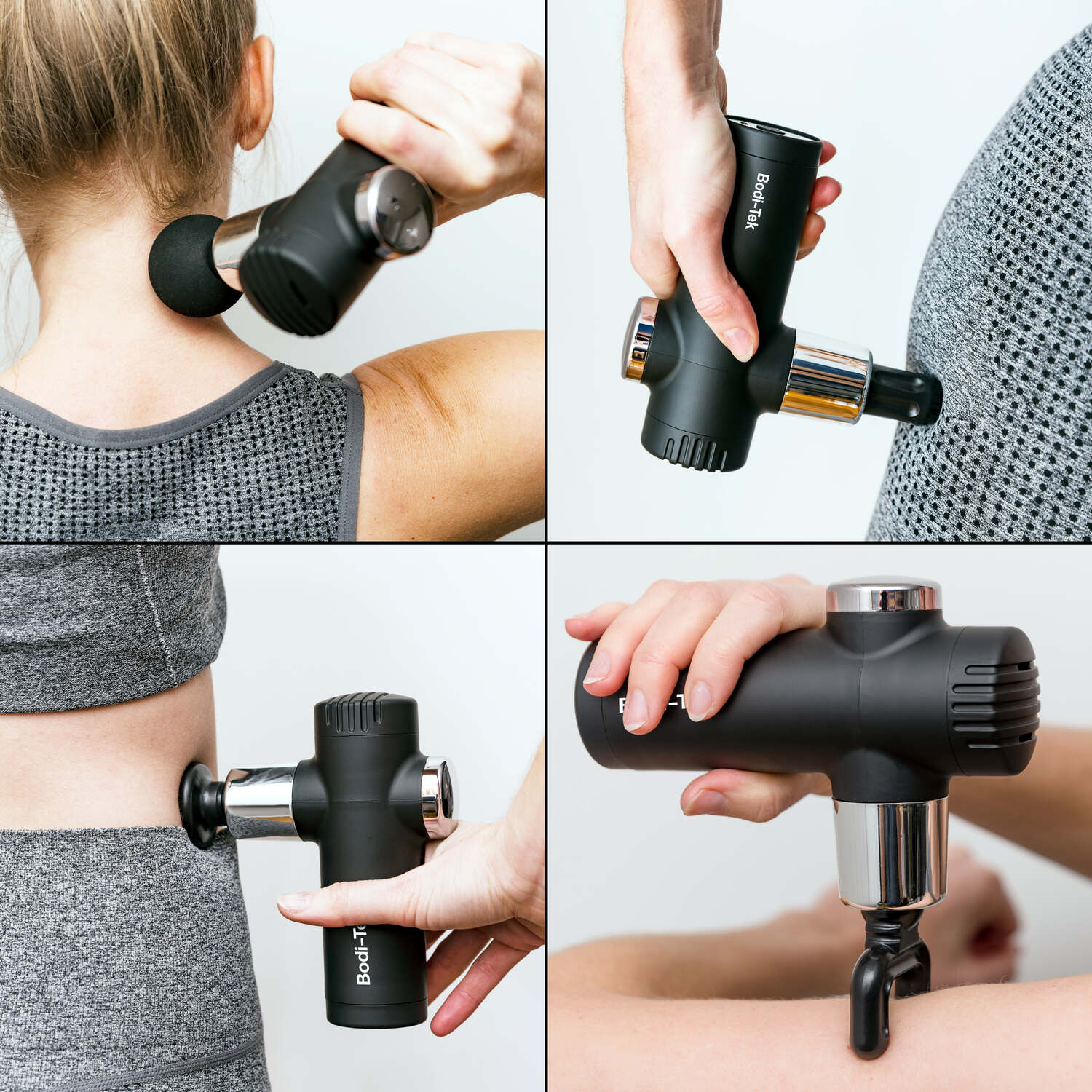 A collage of four images shows a woman in athletic wear using the Mini Deep Tissue Massage Gun with various attachments on her neck, back, side, and arm muscles.