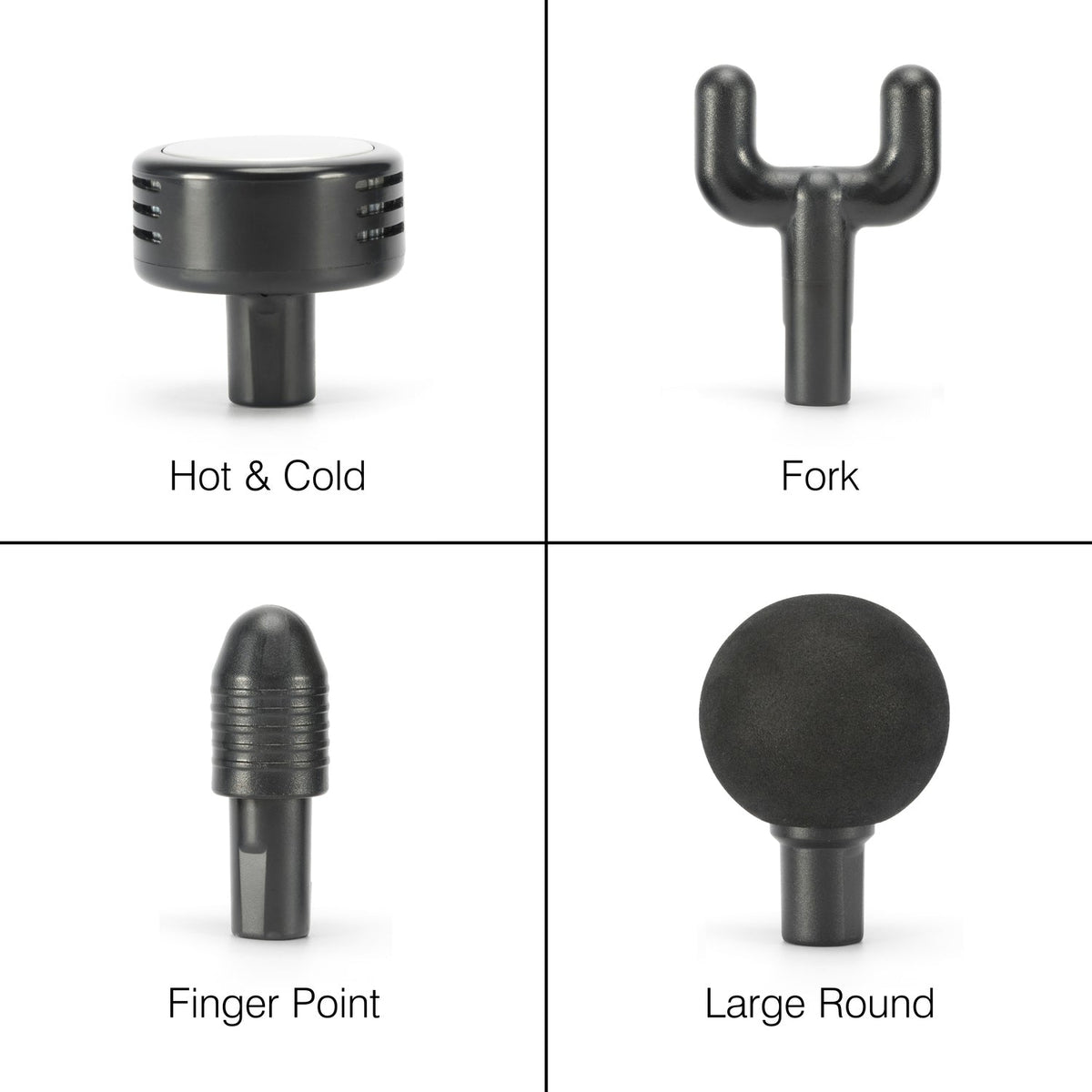 The Hot & Cold Deep Tissue Massager Gun includes four labeled attachments: Hot & Cold (vented cylinder), Fork (Y-shaped), Finger Point (tapered tip), and Large Round (ball-shaped) for muscle recovery.
