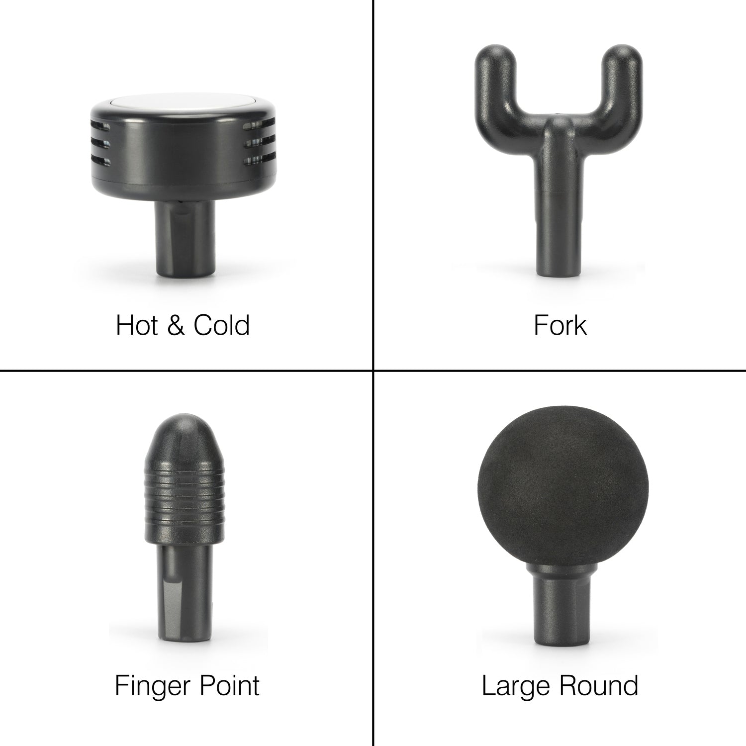 The Hot & Cold Deep Tissue Massager Gun includes four labeled attachments: Hot & Cold (vented cylinder), Fork (Y-shaped), Finger Point (tapered tip), and Large Round (ball-shaped) for muscle recovery.