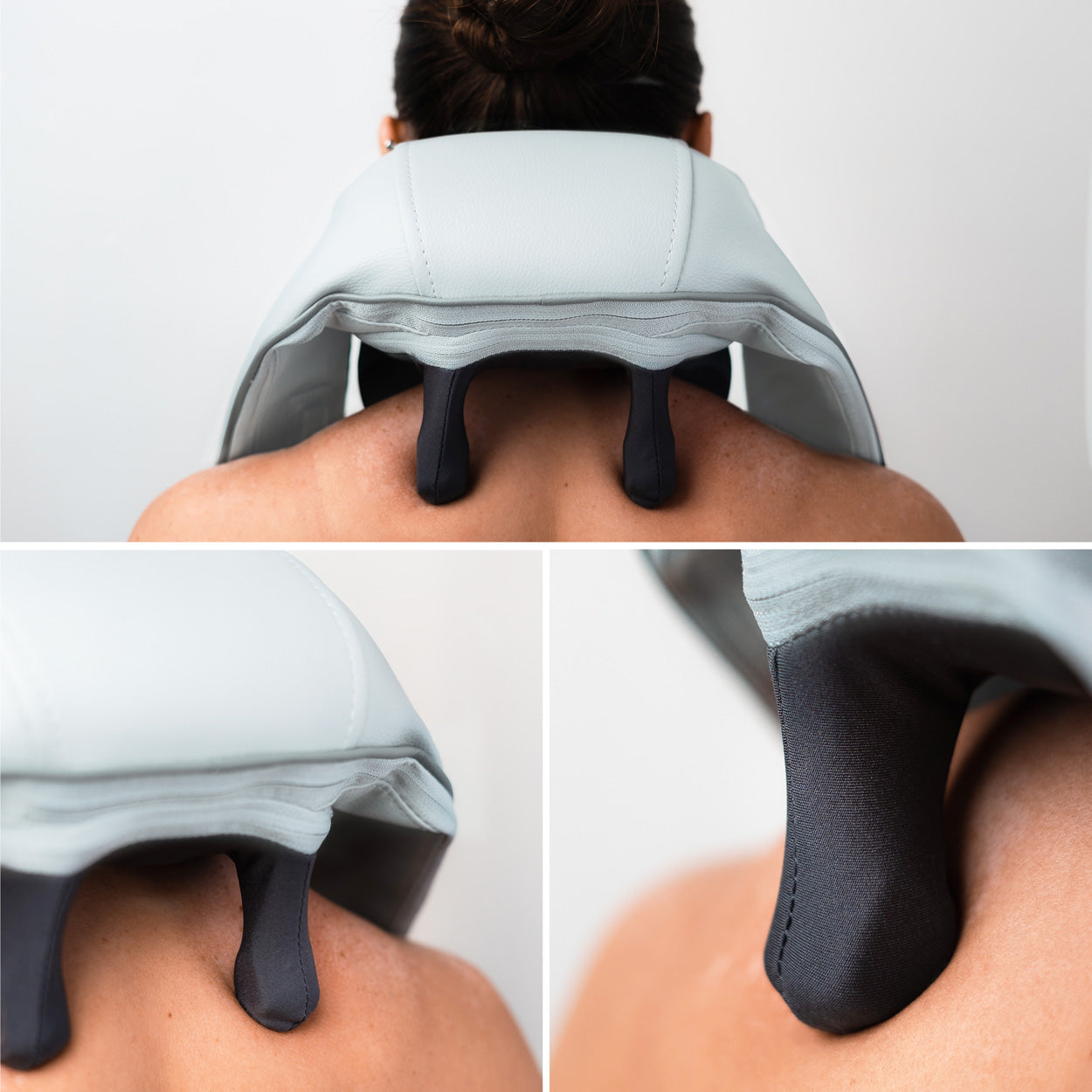 A person uses the Ona Neck & Shoulder Massager, a gray device with two black massage nodes targeting their upper back to provide deep tissue relief, shown from behind and in close-up detail.