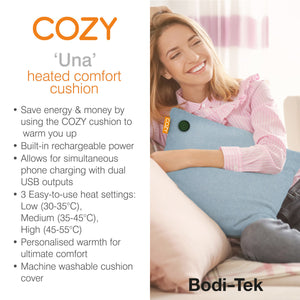 Product features bullet pointed next to an image of a woman hugging a blue heated cushion.